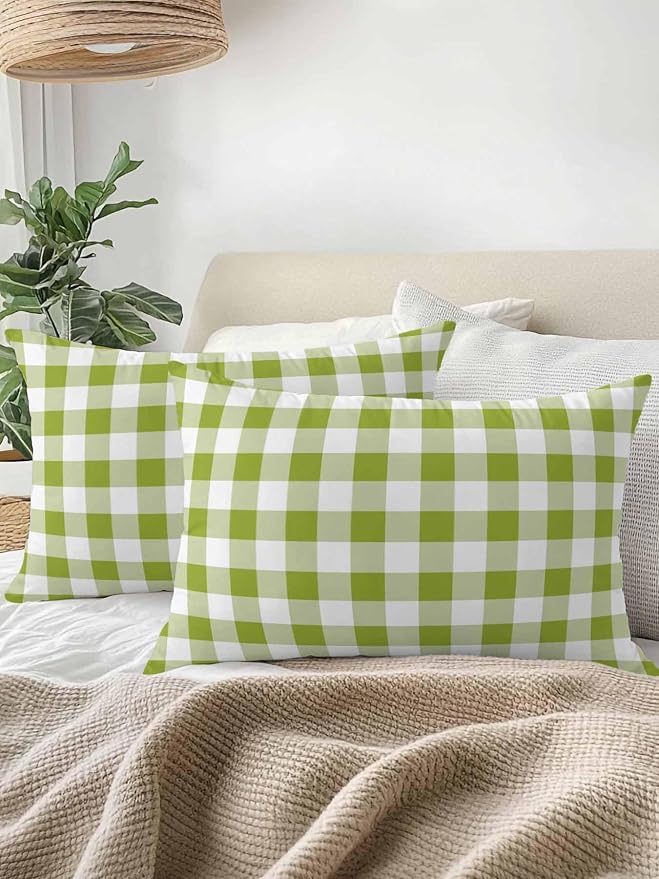 Waterproof Outdoor Pillow 1 Pack Avocado Green Buffalo Plaid Decorative Throw Pillows Cover & Insert 20x12 Inch Lumbar Pillowcase Check Lines Pillows for Couch Sofa Bed Patio Furniture Indoor Outdoor