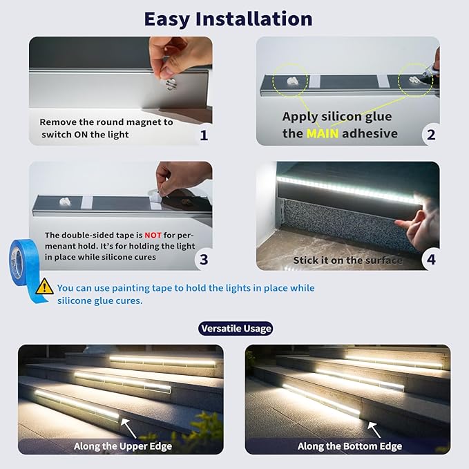 SHONELIGHTING Solar Step Lights for Outside, 33 Focused-Beam High-Brightness LEDs, Waterproof Aluminum Outdoor Stair Light for Risers, Curbsides, Poolsides, Planter Edges (Warm White, 2Pack)