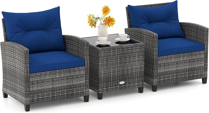 ORALNER 3 Pieces Patio Furniture Set, Outdoor Wicker Conversation Set, Rattan Chairs with Soft Cushions, Glass Coffee Table, Patio Bistro Set for Balcony Garden Deck Front Porch Poolside (Navy Blue)