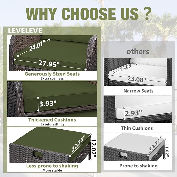 LEVELEVE Patio Conversation Set 5 Piece, Balcony Furniture Outdoor PE Rattan Wicker Lounge Chairs with Soft Cushions, 2 Ottomans & Glass Table for Porch Lawn, Brown (Army Green Cushions