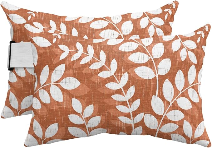 Outdoor Lumbar Pillow Set of 2, Terracotta Orange Leaves Waterproof Beach Headrest Pillow with Inserts, Farmhouse Botanical Branch Vintage Recliner Throw Pillows for Patio Furniture, 12 x 20