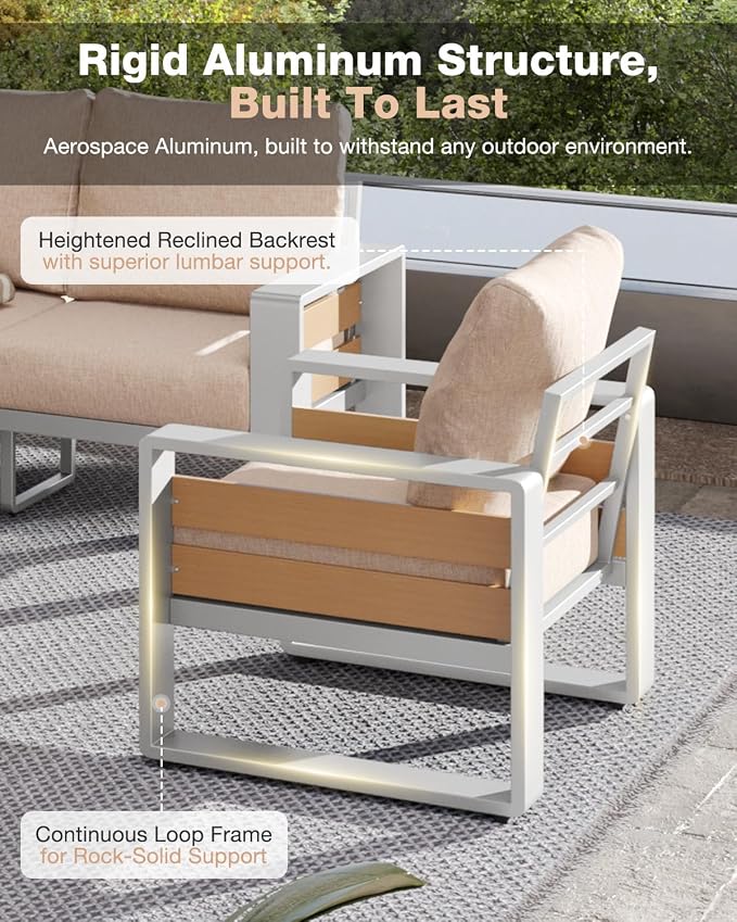 Aoxun Aluminum Patio Furniture Set, 5 Piece Luxury Outdoor Sectional with 6" Olefin Fabric Cushions, Patio Conversation Sets with Coffee Table and Waterproof Cover for Backyard, Porch Beige