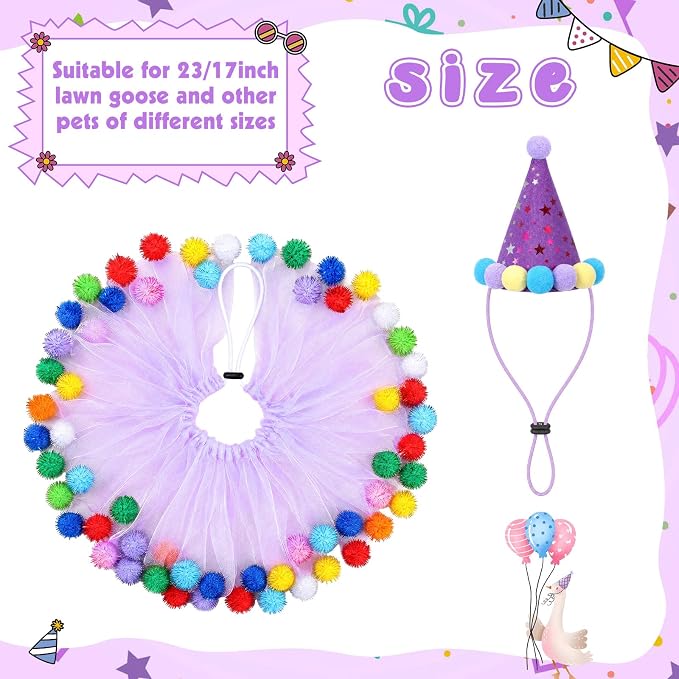 Birthday Porch Goose Outfit Lawn Clothes Hat and Tutu Collar Plastic Outfits for 23" 17" Cement Goose Outdoor Garden Lawn Art Decor (Purple,Tutu Skirt)