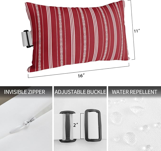 Outdoor Lumbar Pillow 11x16 Inch, Boho Red Waterproof Throw Pillow Covers with Insert, Minimalist Farmhouse Striped Decorative Chair Cushions for Patio Garden Recliner