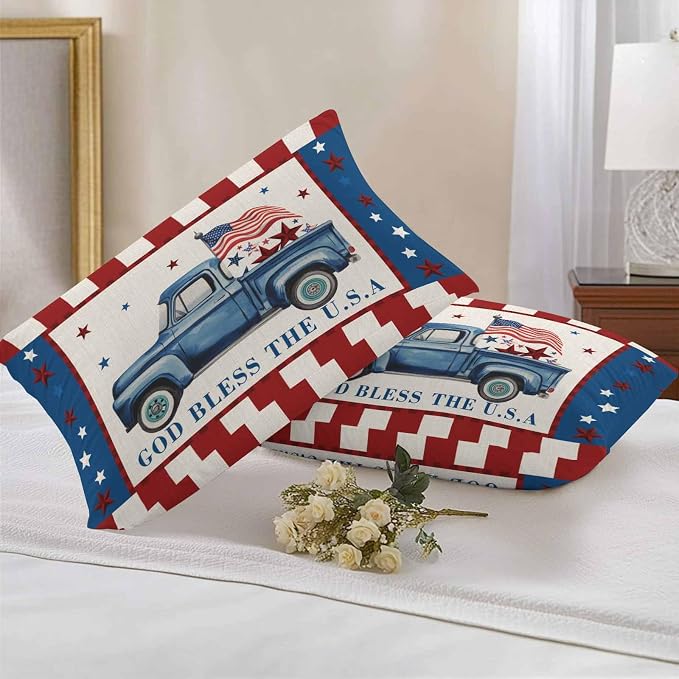 Independence Day Outdoor Throw Pillow Cover Farm Blue Truck American Flag Star Waterproof Cushion Covers 2 Pack Patriotic Red Plaid Pillow Cases Home Decoration for Patio Garden Couch Sofa 20x12In