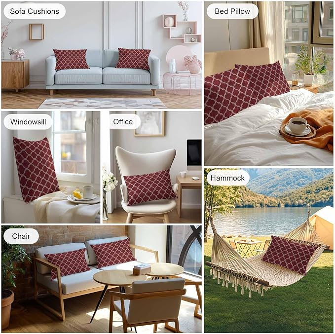 Deep Red Morocco Outdoor Pillow Covers 20x12 Inch Lumbar Pillow Covers Set of 2 Waterproof Decorative Throw Pillow Cases Retro Farmhouse Quatrefoil Plaid Cushion Covers for Patio Furniture Garden