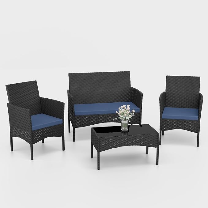 Kurapika Patio Furniture Set 4 Pieces Outdoor Wicker Rattan Chairs Conversation Sets w/Coffee Table, Rocking Bistro Set, for Patio Lawn Backyard (Navy Blue)