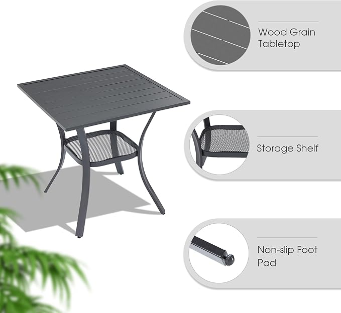 VICLLAX Outdoor Table and Chairs Set for 2, Small Patio Dining Set with 27.5" Metal Square Patio Table & 2 Swivel Outdoor Dining Chairs for Backyard Lawn Porch Garden, Grey & Dark Grey