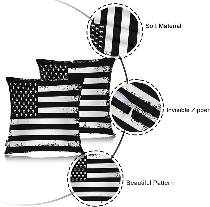 Swono Retro American Flag Decorative Throw Pillows Covers, Grunge USA Flag Square Pillow Cushion Covers for Man Woman, Pillowcases Decor for Home Sofa Bed Garden 2 Packs 18x18 Inch, Black White