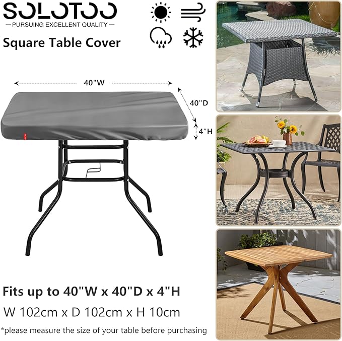 Outdoor Square Table Cover Waterproof UV-Resistant for 40 x 40 Inch Patio Tables - Heavy Duty Weatherproof Table Top Protector with Elastic Hem (Grey)