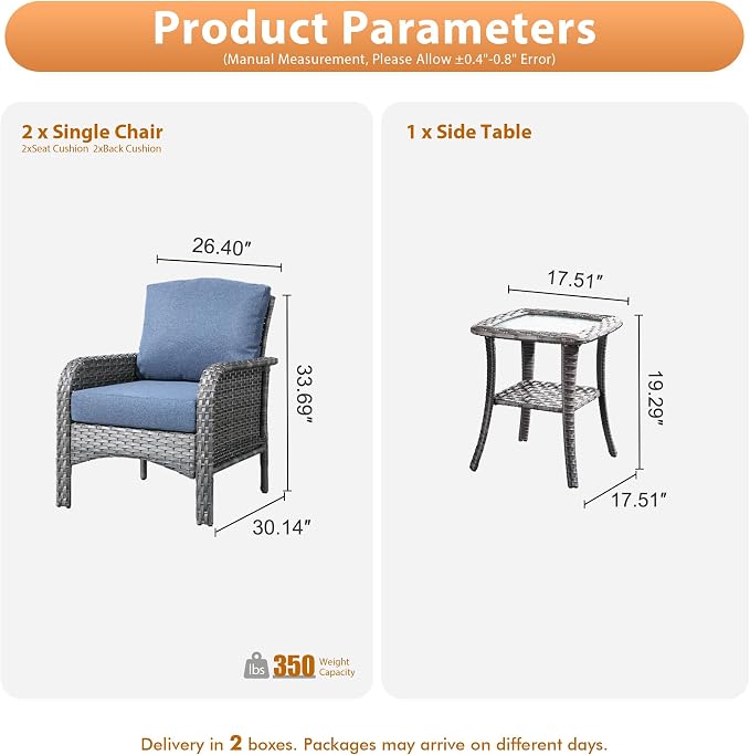3 PCS Outdoor Patio Furniture Set with Side Table, All-Weather Rattan Wicker Outdoor Conversation Set with Thickened Cushions for Balcony Backyard Garden Lawn,Blue