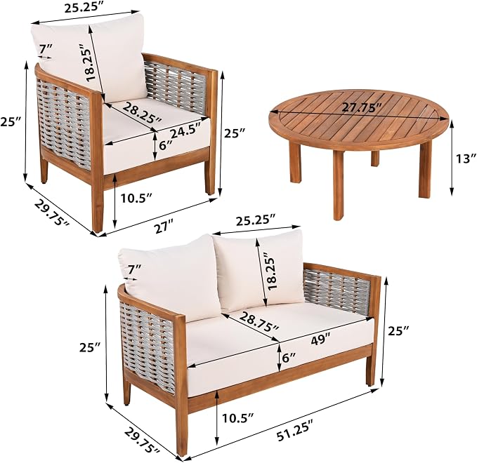 Merax 4 Pieces Acacia Wood Patio Furniture Set, Outdoor Woven Rope Conversation Sets with 1 Loveseat, 2 Chairs and Round Table for Backyard, Porch, Garden, Deep Seating & Soft Cushions, Teak+Beige