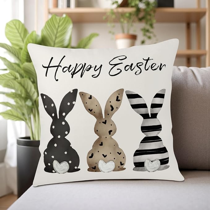 Happy Easter Pillow Covers Black White Easter Eggs Pillow Cases 22x22 Brown Love Heart Bunny Throw Pillow Covers Spring Rabbit Farmhouse Cushion Case for Home Living Room 2 Pack