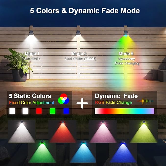 Solar Outdoor Lights for Father's Day Mother's Day 4th of July Decor, RGBW Color Changing Dusk to Dawn Solar Fence Patio Lights, 90° Adjust LED Garden Lights for Backyard Decor, 8-Pack