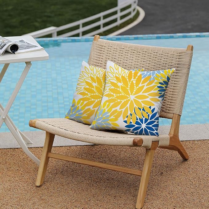 DFXSZ Outdoor Waterproof Pillow Covers 22x22 Set of 2 Yellow Blue Flower | Spring Summer Waterproof Flower Throw Pillowcases（No Inserts）Outdoor Decor for Patio Funiture Garden Polyester Covers