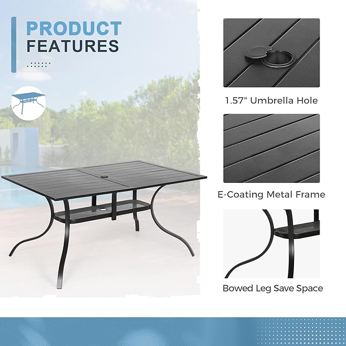 Crownland 7 Piece Patio Dining Set, Outdoor Textilene Dining Sets, 6 Textilene Metal Chairs and Rectangular Outdoor Dining Table with Dark Blue 9FT Round Outdoor Umbrella (Grey)