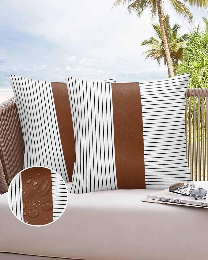 Outdoor Waterproof Throw Pillow Covers 24x24in, Boho Mid Century Cushions for Garden Patio Furniture Chairs Set of 2, Stripe and Leather Texture Home Decor Couch Sofa Polyester Pillow Cases