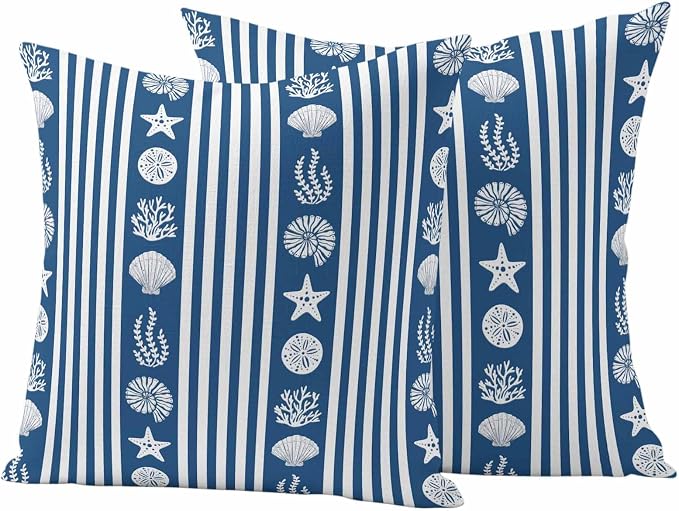 Striped Outdoor Waterproof Throw Pillow Covers Set of 2, 24"x24", Ocean Navy Blue Starfish Shell Jellyfish Coral Decorative Pillow Covers Outside Cushion Case for Patio Porch Garden