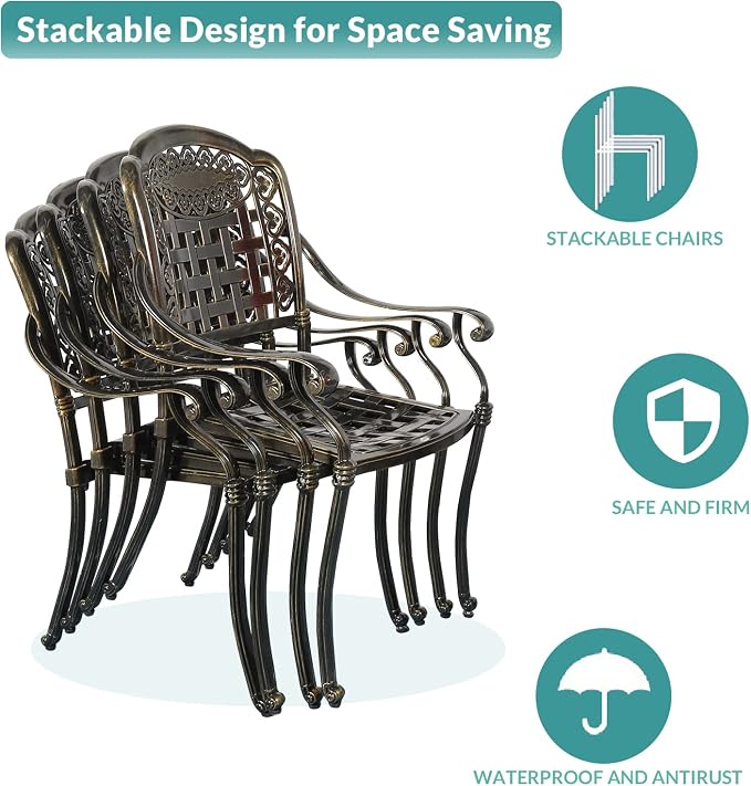MEETWARM 9-Piece Outdoor Furniture Dining Set, All Weather Cast Aluminum Patio Garden Set with 8 Chairs,1 Oval Table, 2" Umbrella Hole, Dark Bronze