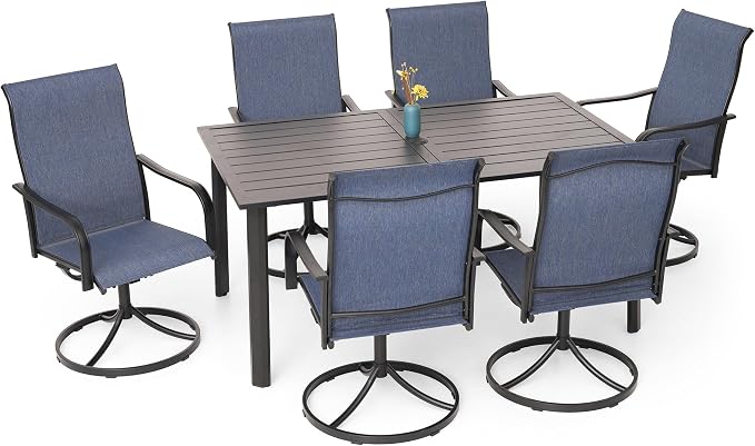 Patio 29" Heigh Rectangle Table and Navy Swivel Chairs Dining Set of 7 Sty2 | 63"x38" Metal Table, 29" Heigh Table Top,All Weather; 6 Piece Swivel Chairs: High Back,Retro Armrest,Textilene Fabric,Rocking