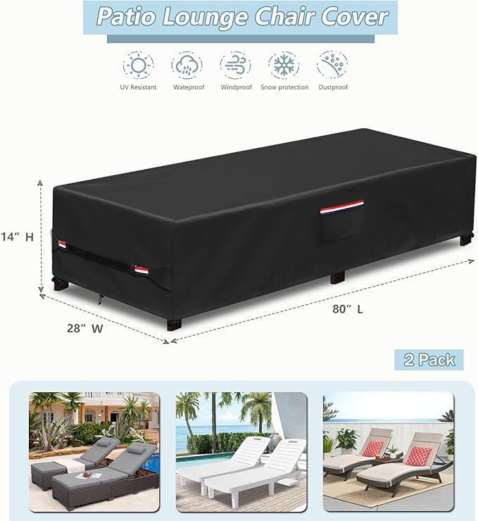 Outdoor Chaise Lounge Covers 2 Pack,600D Heavy Duty Tear-Resistant Patio Lounge Chair Cover Waterproof UV Protection,All-Weather Protection Chaise Lounge Covers,80" L x 28" W x 14" H