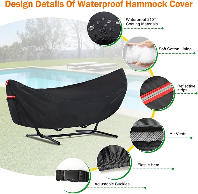 Waterproof 10 FT Hammock Cover, 210T Sun Rain UV Dust Snow Protection Outdoor Hammock Covers with Windproof Straps & Soft Cotton Lining for 10ft Stand