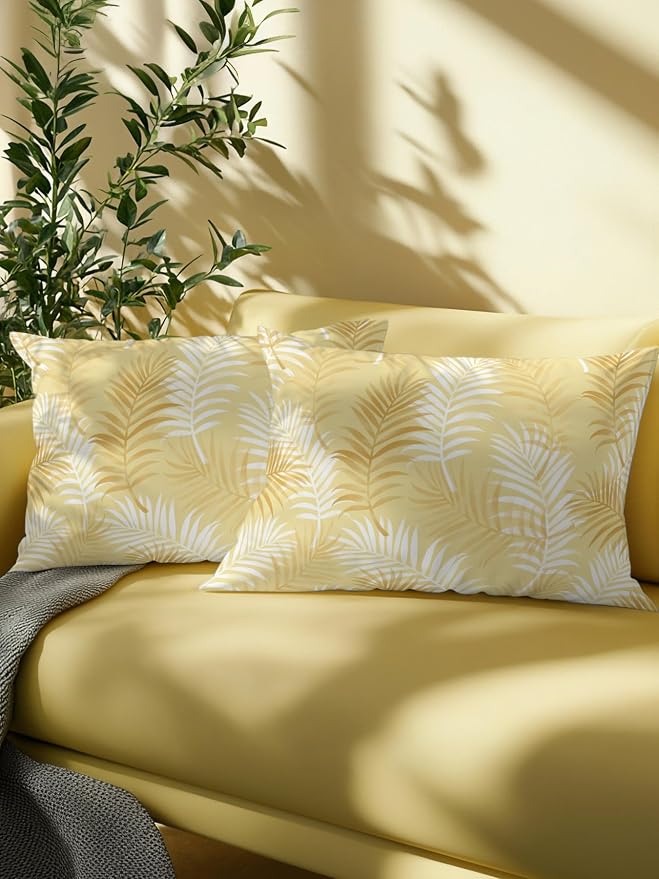 Waterproof Outdoor Pillow 1 Pack Yellow Tropical Palm Leaves Decorative Throw Pillows Cover & Insert 20x12 Inch Lumbar Pillowcase Summer Jungle Foliage Pillows for Couch Sofa Bed Patio Furniture
