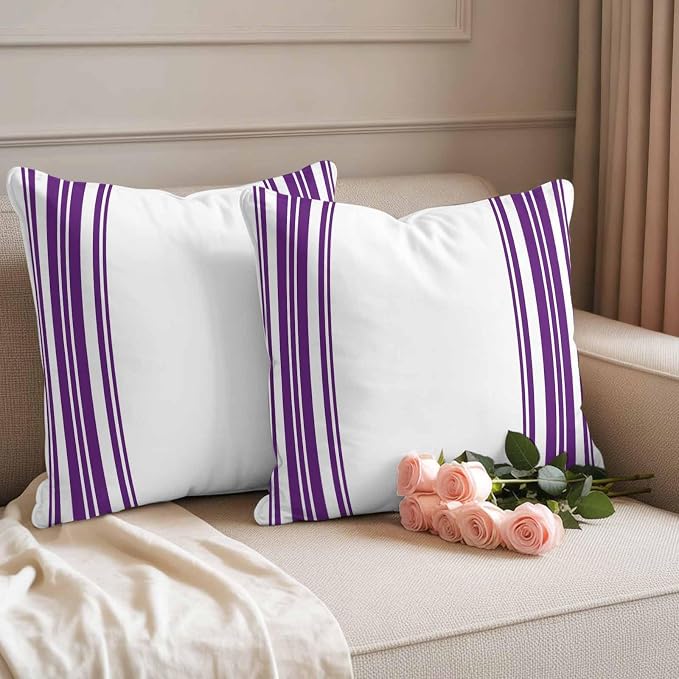 Outdoor Waterproof Throw Pillow Covers Set of 2 Purple Stripes Pillowcases 20x20 Inches White Vertical Striped Decorative Pillows Cushion Case Patio Pillows for Couch Bed Chair Garden
