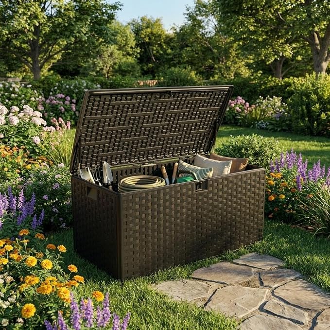 CABIHOME 99 Gallon Outdoor Resin Deck Box, Waterproof Lockable Patio Storage Bench with Handles, Large All-Weather Container for Furniture Cushions Garden Tools Pool Accessories