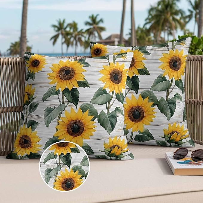 Country Sunflowers Waterproof Outdoor Pillow Covers Set of 2 Home Decor, Retro Pastoral Floral Wooden Plank Pillowcase Patio Pillow Covers for Couch Bench Furniture Garden 16x16in