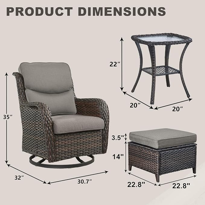 Rilyson Wicker Patio Furniture Set - 5 Piece Rattan Outdoor Sectional Conversation Sets with 2 Swivel Rocking Chairs,2 Ottomans and 1 Side Table for Porch Deck Garden(Brown/Grey/Smile)