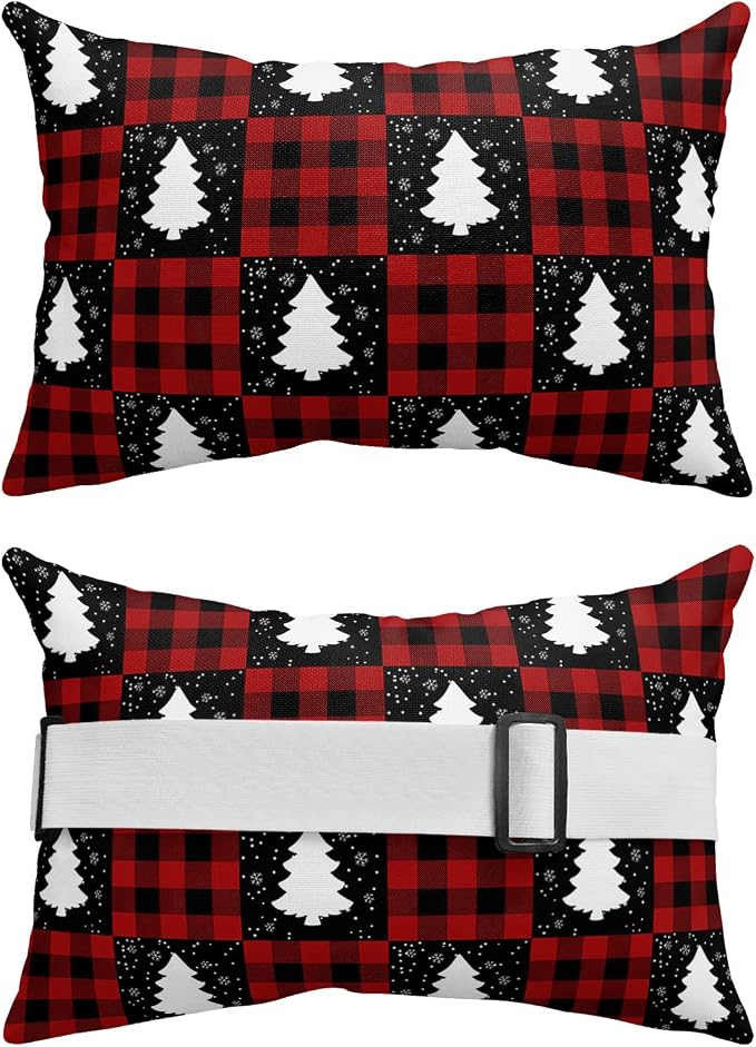 Outdoor Pillows Covers with Inserts Winter Christmas Tree Red Black checkered Waterproof Recliner Pillow with Adjustable Strap Throw Pillows for Patio Furniture Pool Lounge Chair, 11x16 inch, 1PCS