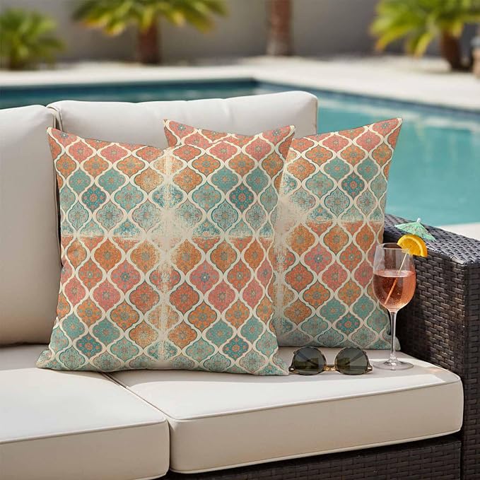Orange Teal Boho Outdoor Pillow Covers 18x18 Inch Throw Pillow Covers Set of 2 Waterproof Decorative Pillow Cases Morocco Vintage Abstract Geometric Cushion Covers for Patio Furniture Garden Couch