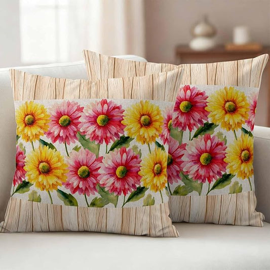 Yellow Pink Daisy Outdoor Pillow Covers 16"x16" Set of 2, Rustic Farmhouse Boho Brown Wood Grain Waterproof Throw Pillow Covers for Patio Furniture, Decorative Cushion Covers for Porch