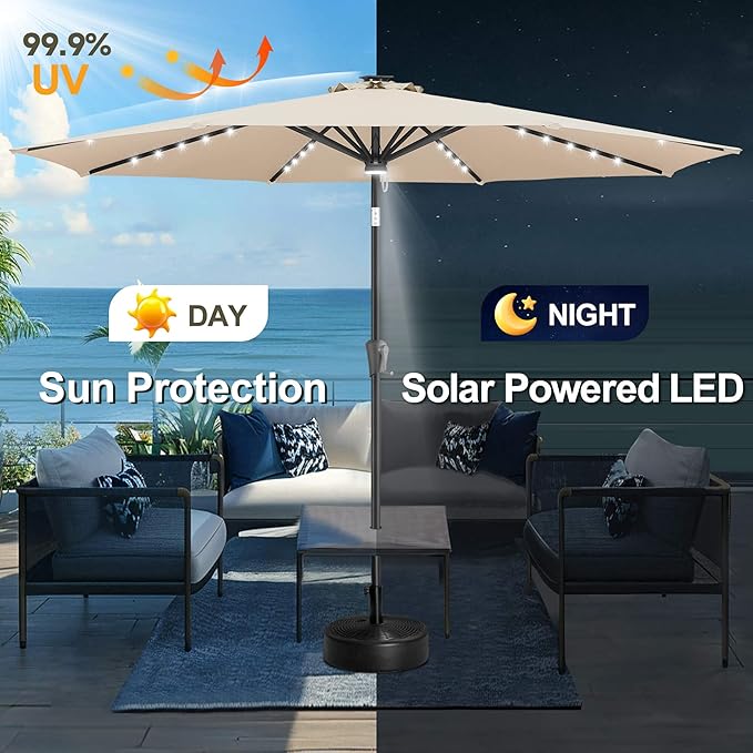 FLAME&SHADE 10 FT Solar Light Patio Umbrella, 40 LED lights outdoor umbrella with Centre Surround Light, Table Market Umbrella for Deck, Pool, Porch, Backyard, Garden, UV Protection, Beige
