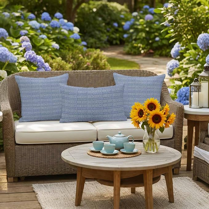 Outdoor Waterproof Throw Pillow Covers Set of 2 Blue Stripes Grain Pillowcases 20x20 Inches Solid Color Decorative Pillows Cushion Case Patio Pillows for Couch Bed Chair Garden