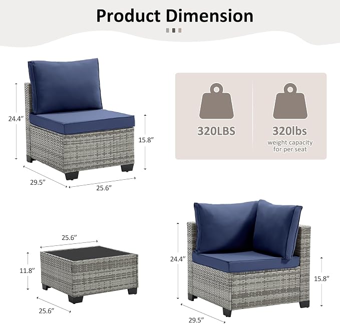 ANJ 7 Piece Outdoor Wicker Patio Furniture Set, Modular Loveseat Sofa with with Glass Top Coffee Table, All-Weather Rattan Conversation Couch Set for Balcony, Backyard, Light Grey Wicker-Blue
