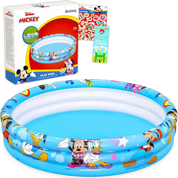 Mickey and Friends Inflatable Pool - Bundle with Disney Inflatable Kiddie Pool for Boys, Girls, Kids Plus Stickers, More | Mickey and Friends Kiddie Pool Set (48" L x 48" W x 10" H)