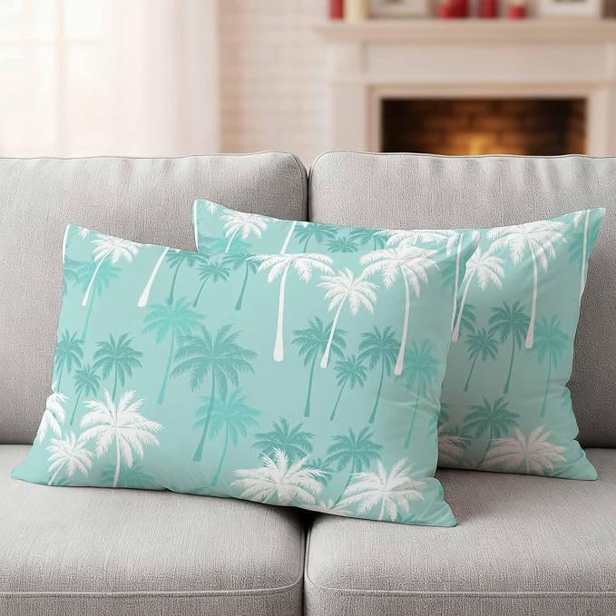 Lumbar Pillow Covers 20x12 Inch Set of 2, Tropical Palm Tree Waterproof Outdoor Pillow Covers, Turquoise White Plants Coastal Leaf Beach Decorative Cushion Pillowcases for Patio, Garden, Couch, Sofa