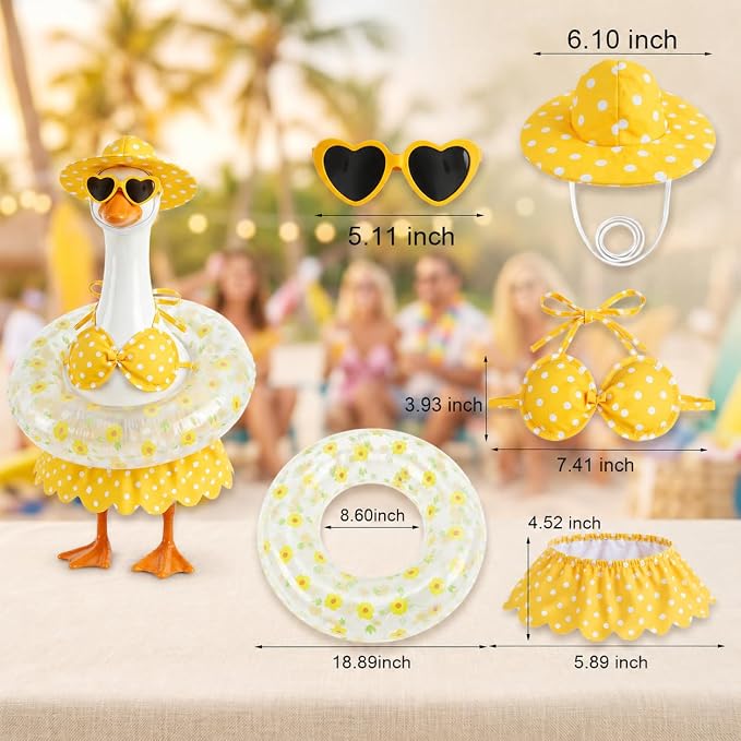 23 Inch Porch Goose Summer Hawaiian Bikini Outfit, Lawn Goose Costume with Swim Ring, Sunglasses Sun Hat, Fits Cement & Plastic Goose Statue, Front Yard Patio Lawn Decor