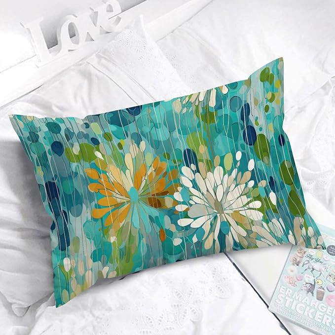 Make It Rain Fiesta Rectangular Cushion Cover Rainbow Teal Flower Throw Pillow Cover Modern Decorative Cushion Covers Home Decor for for Sofa Bed Office Couch Chair 16x24in