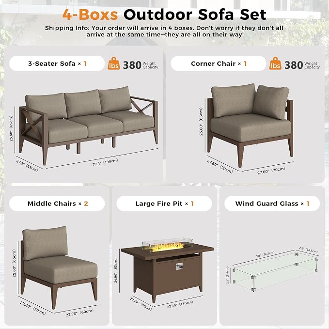 Aluminum Outdoor Patio Furniture Set with 43" Fire Pit Table, 7-Piece Outdoor Sectional with 5.2" Thick Cushions, Patio Conversation Sets for Backyard,(Brown,6 Seats)