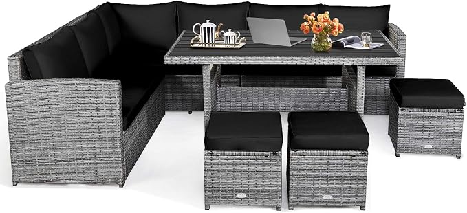HAPPYGRILL 7 Pieces Rattan Wicker Patio Conversation Set, Outdoor Patio Furniture Set with Cushions, Rattan Sofa Set with Dining Table & Ottomans for Poolside Backyard Balcony Garden (Black)