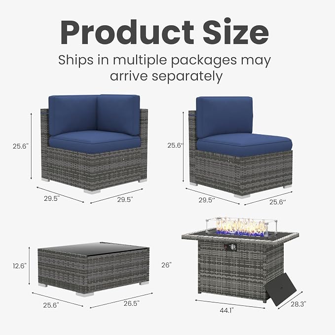 15 Pieces Patio Furniture Set with 44" Propane Gas Fire Pit Table, Outdoor Sectional Wicker Conversation Sofa Sets with Coffee Table