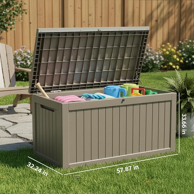 269 Gallon Large Outdoor Storage Box, Waterproof Deck Box with Lockable Lid, Resin Outside Storage Box for Patio Furniture, Pool Accessories, Garden Tools, Storage Bench for Backyard, Porch, Coffee