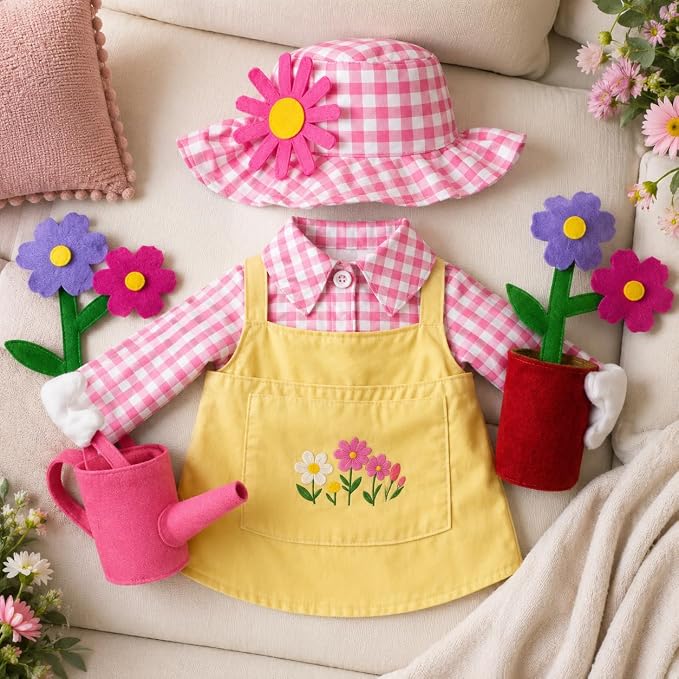 23 Inch Spring Gardener Porch Goose Outfit, Lawn Goose Costume with Floral Hat, Watering Can & Potted Flower Prop, Fits Plastic Goose Statue, Outdoor Yard Lawn Decor