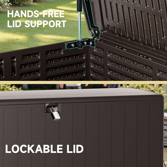 200 Gallon All-Weather Deck Box, Lockable Waterproof Resin Storage with UV Resistance for Patio Furniture, Garden Tools, Pool Accessories (Brown)
