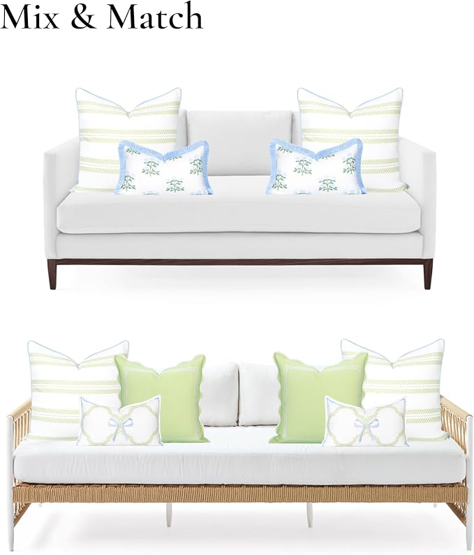 Hofdeco Premium Grandmillennial Coastal Hampton Patio Indoor Outdoor Throw Pillow Cover Only, 22"x22" Water Repellent for Backyard, Couch, Poolside, Grass Green Baby Blue Print Leaf Striped