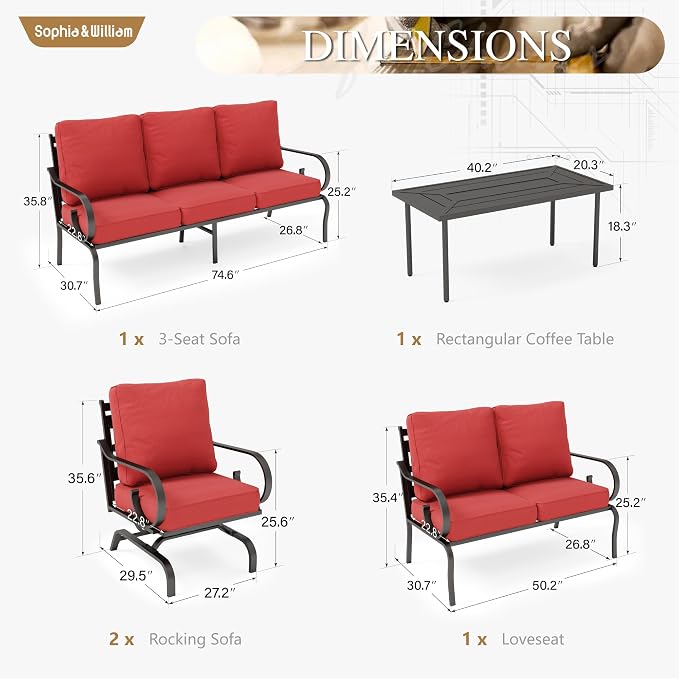 Sophia & William Patio Conversation Set for 7, a Loveseat, 3-Seater Sofa, 2 Rocking Chairs and a Coffee Table, Metal Outdoor Furniture with 5.75" Extra Thick Cushions, Red