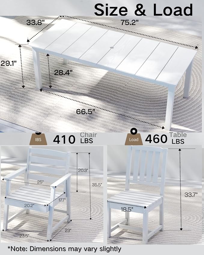 Kingdura 9 Piece Patio Dining Set for 8, HDPE Outdoor Table & Chairs with Umbrella Hole, All-Weather Outdoor Furniture Patio Conversation Set for Lawn Pool Backyard, White